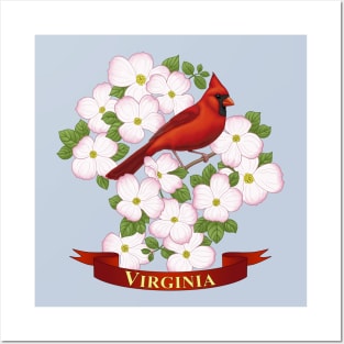 Virginia State Cardinal Bird and Dogwood Flower Posters and Art